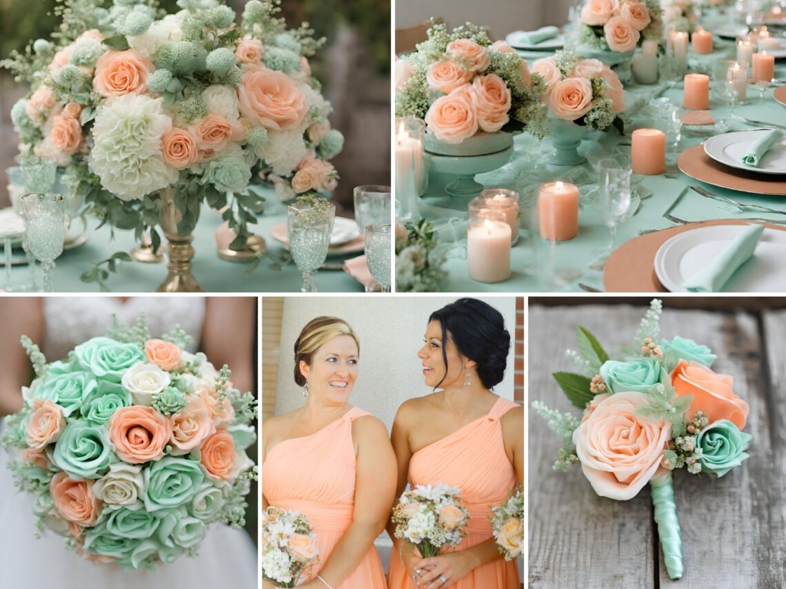 A photo collage of mint green and peach wedding color ideas.