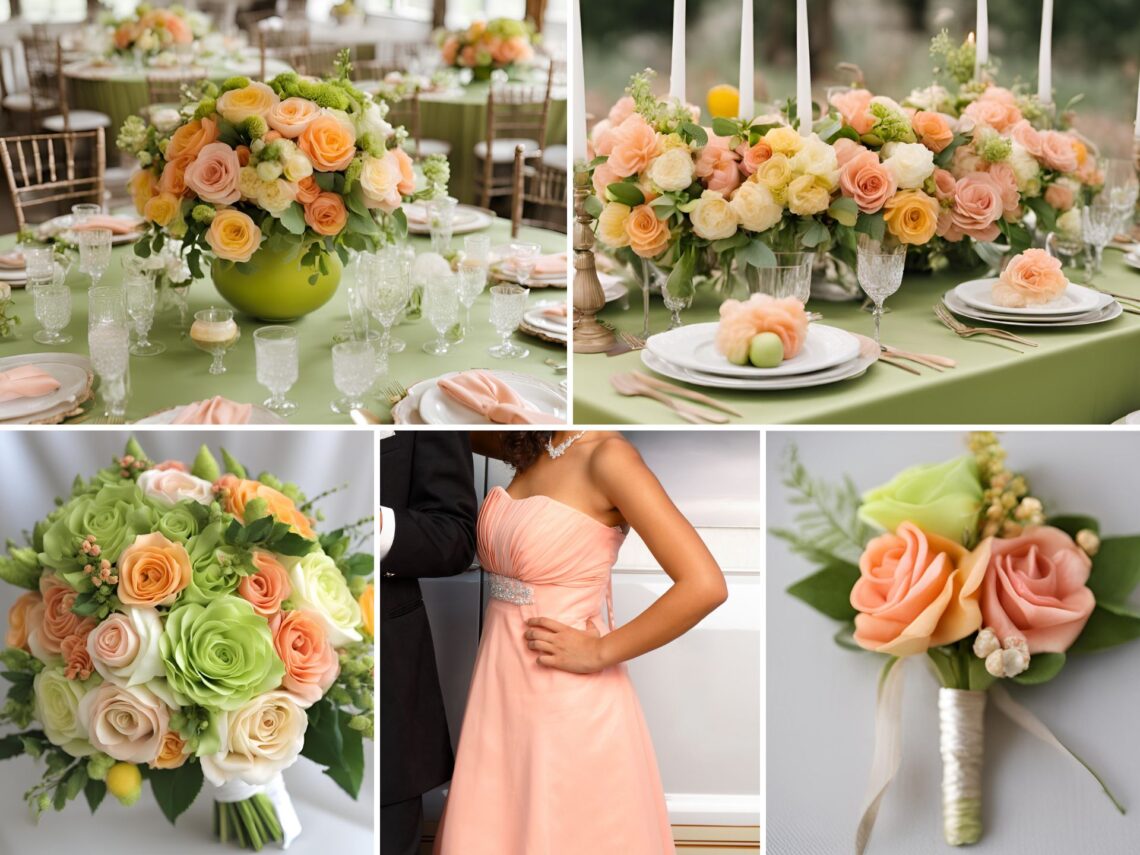 A photo collage of lime green, peach, old rose, and yellow wedding color ideas.