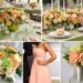 A photo collage of lime green, peach, old rose, and yellow wedding color ideas.