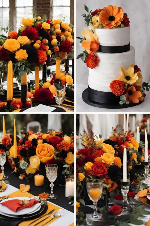 A photo collage of red, yellow, orange, and black wedding color ideas.