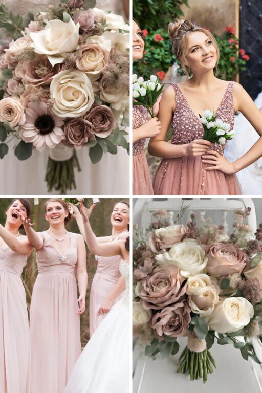 A photo collage of dusty pink, mauve, cream, and beige wedding color ideas.