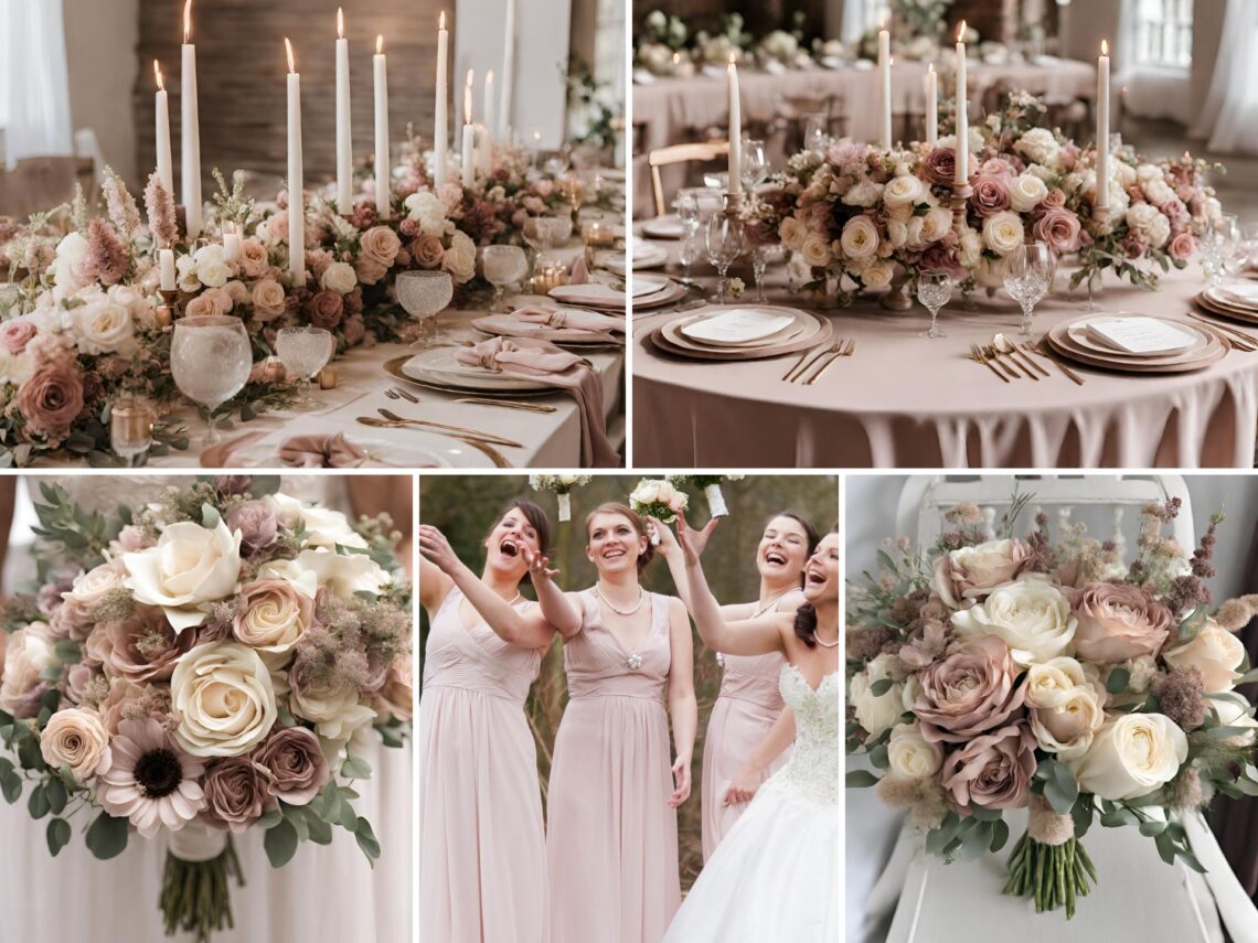 A photo collage of dusty pink, mauve, cream, and beige wedding color ideas.