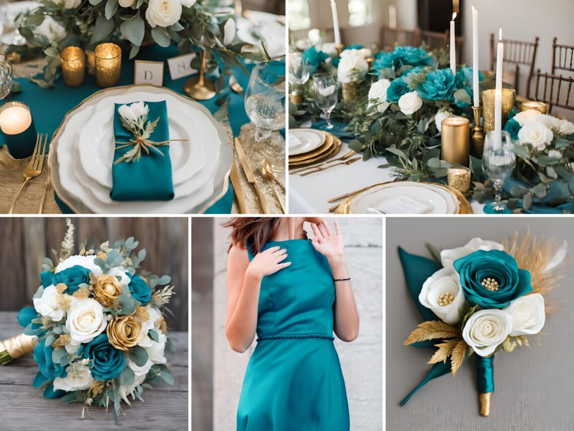 A photo collage of teal blue, gold, and white wedding color ideas.