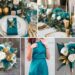 A photo collage of teal blue, gold, and white wedding color ideas.