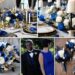 A photo collage of blue, black, gold, silver, and white wedding color ideas.