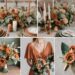 A photo collage of terracotta, sage green, and gold wedding color ideas.