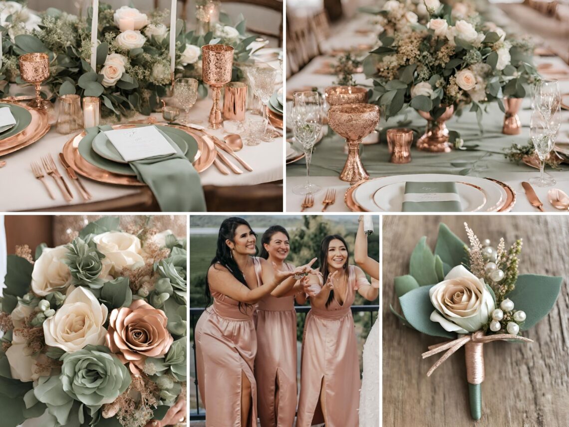 A photo collage of rose gold, sage green, and beige wedding color ideas.