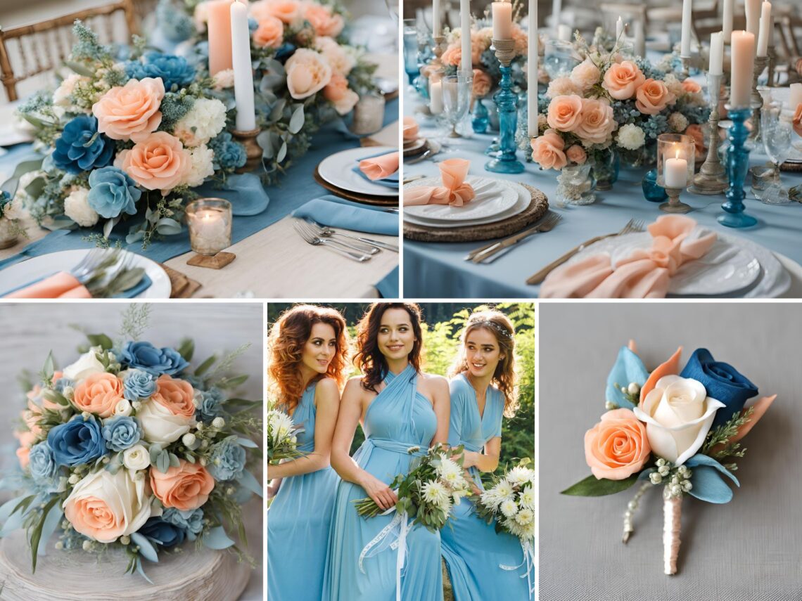 A photo collage of sea blue, peach, and white wedding color ideas.