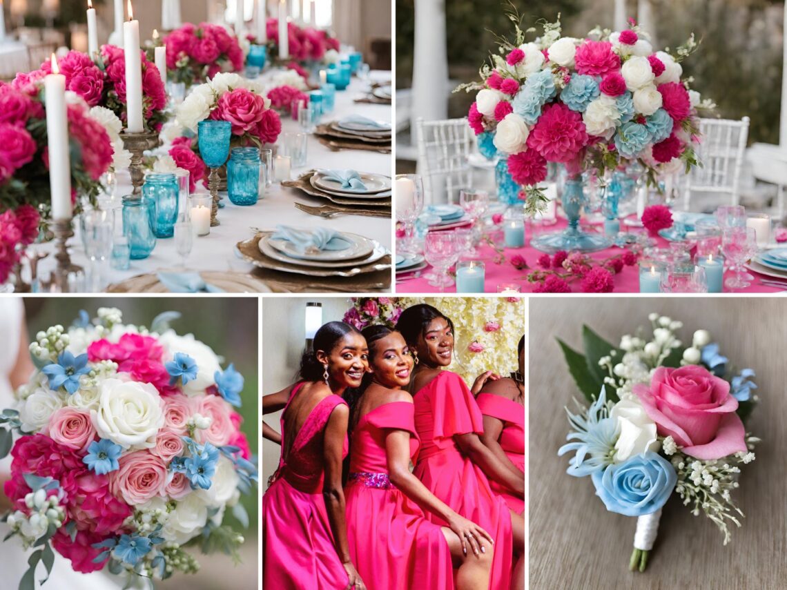 A photo collage of hot pink, light blue, and white wedding color ideas.