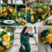 A photo collage of emerald green, mustard yellow, and white wedding color ideas.