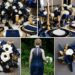 A photo collage of night blue, black, gold, and white wedding color ideas.