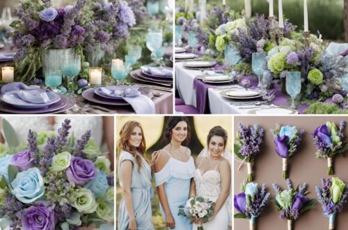 A photo collage of light blue, purple, lavender, and light green wedding color ideas.