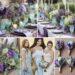 A photo collage of light blue, purple, lavender, and light green wedding color ideas.