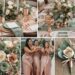 A photo collage of rose gold, sage green, and beige wedding color ideas.
