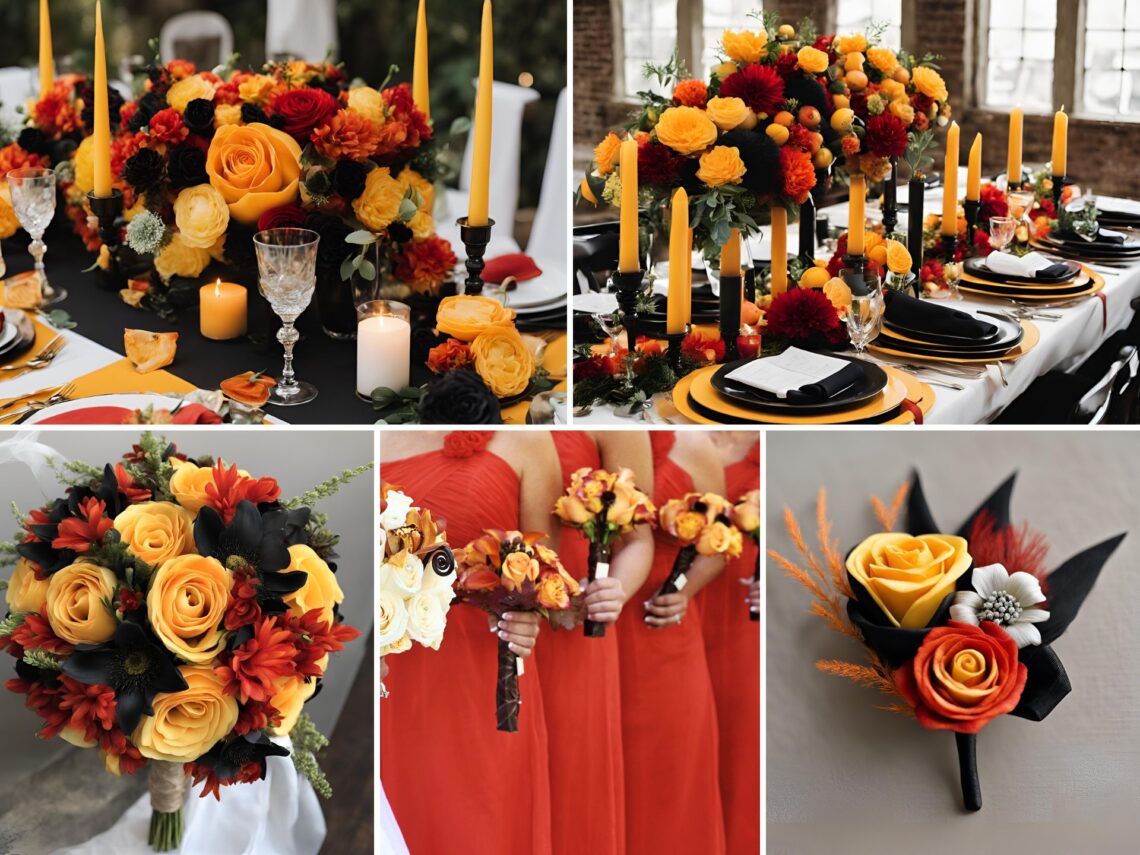 A photo collage of red, yellow, orange, and black wedding color ideas.