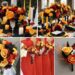 A photo collage of red, yellow, orange, and black wedding color ideas.