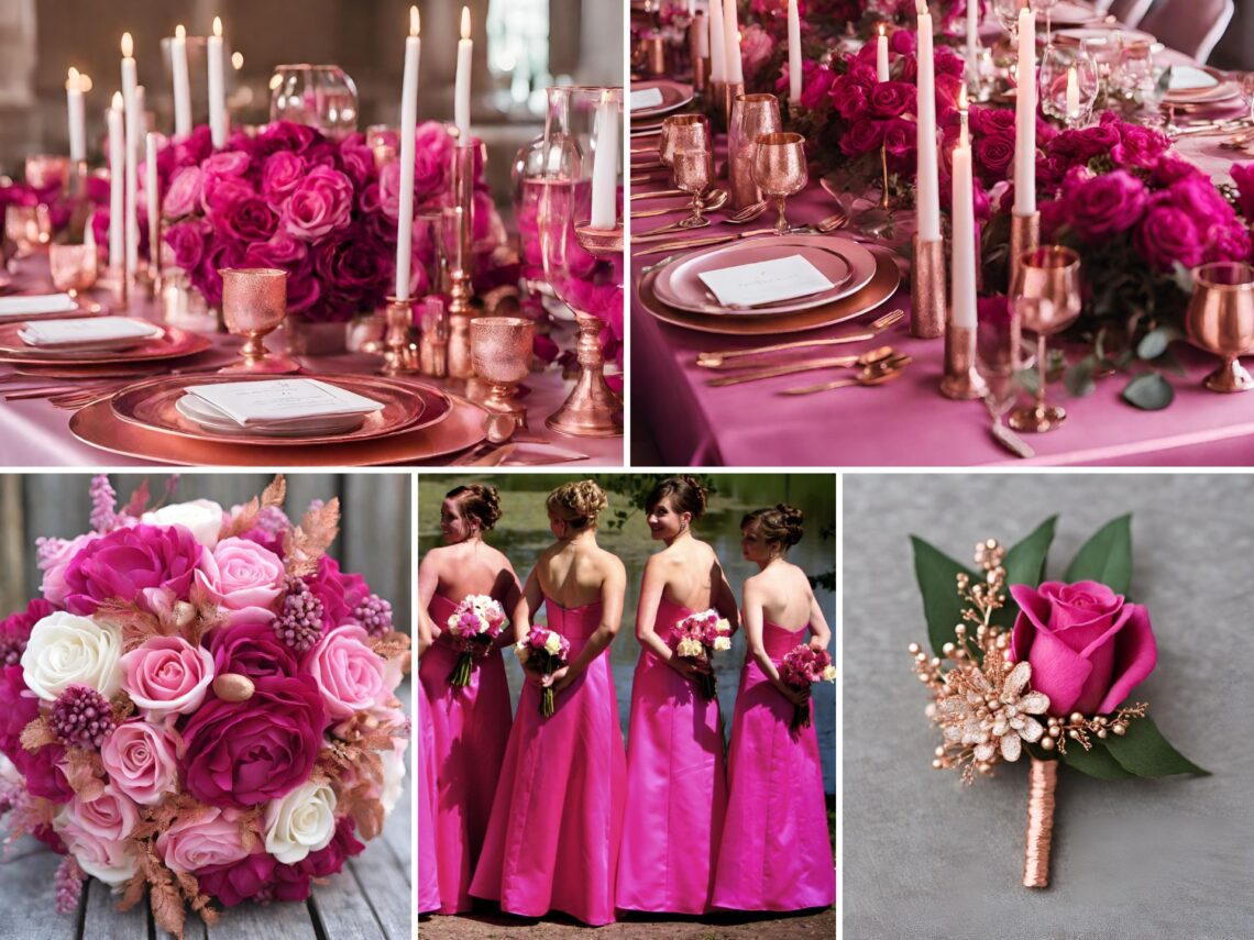 A photo collage of fuchsia and rose gold wedding color ideas.