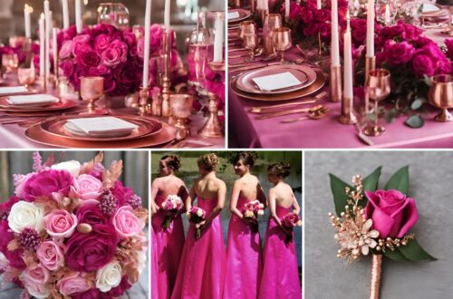 A photo collage of fuchsia and rose gold wedding color ideas.