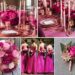 A photo collage of fuchsia and rose gold wedding color ideas.