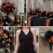 A photo collage of black and rust wedding color ideas.