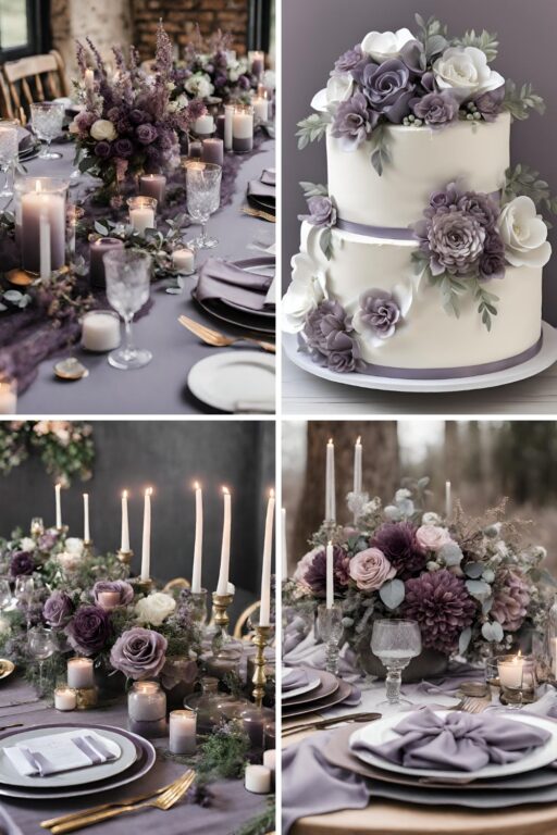 A photo collage of dusty purple and grey wedding color ideas.