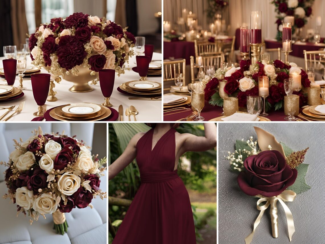 A photo collage of burgundy and champagne gold wedding color ideas.