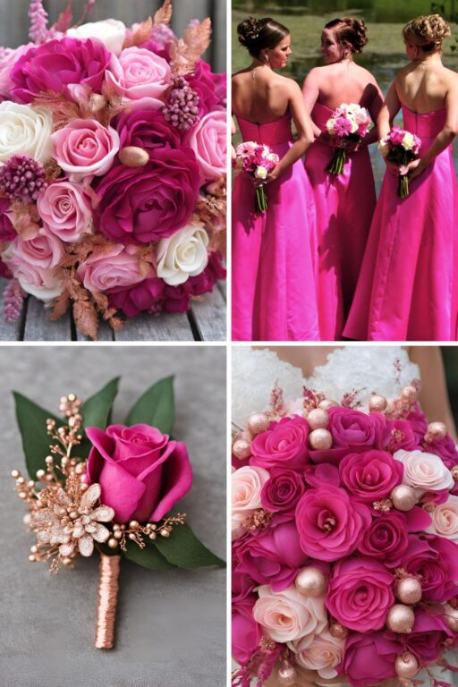 A photo collage of fuchsia and rose gold wedding color ideas.