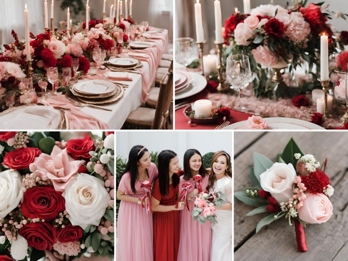 A photo collage of red, soft pink, and white wedding color ideas.