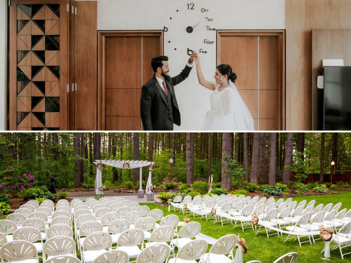 A photo collage of a couple eloping at a courthouse and a traditional outdoor wedding.