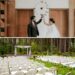 A photo collage of a couple eloping at a courthouse and a traditional outdoor wedding.