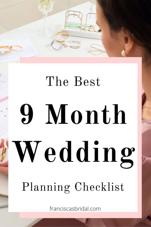 A woman sitting at a desk planning a wedding with text the best 9 month wedding planning timeline.