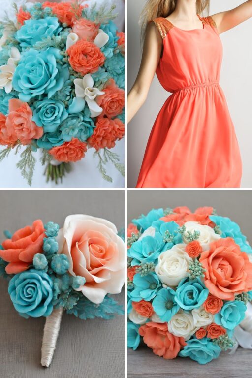 A photo collage of turquoise blue, coral, and white wedding color ideas.