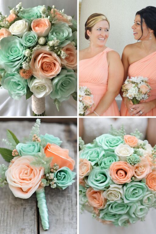A photo collage of mint green and peach wedding color ideas.