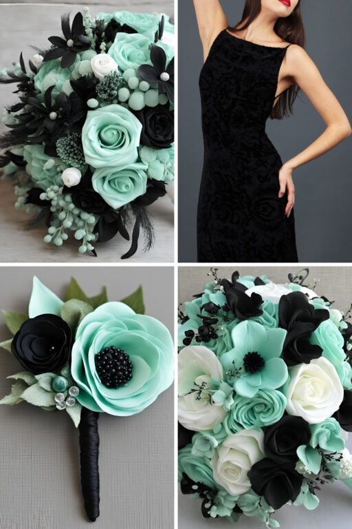 A photo collage of seafoam green and black wedding color ideas.