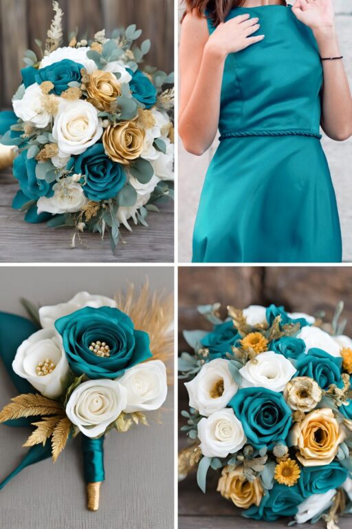 A photo collage of teal blue, gold, and white wedding color ideas.