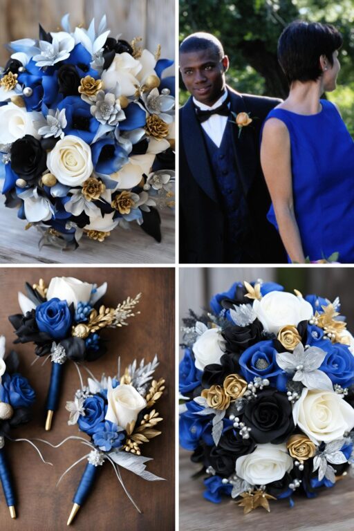 A photo collage of blue, black, gold, silver, and white wedding color ideas.