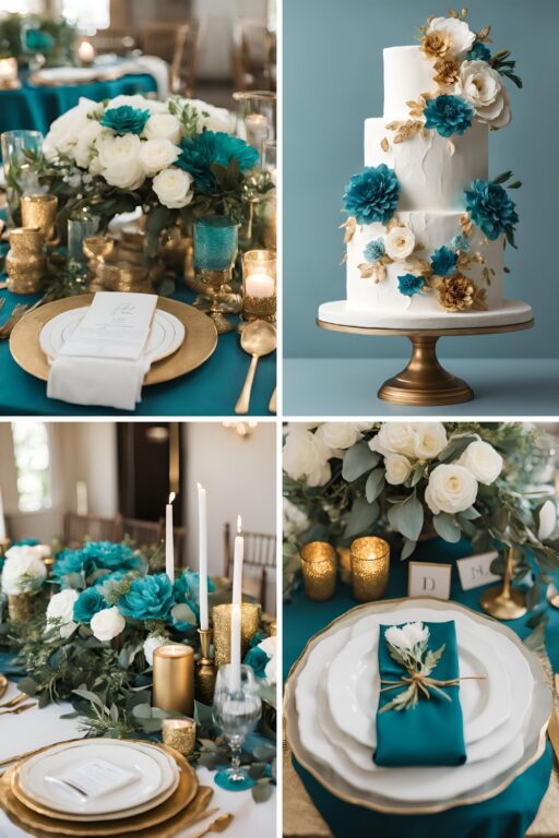 A photo collage of teal blue, gold, and white wedding color ideas.