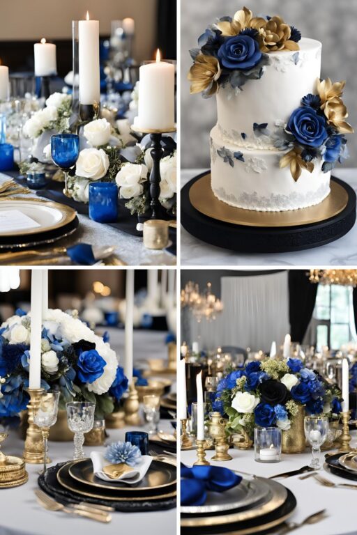 A photo collage of blue, black, gold, silver, and white wedding color ideas.