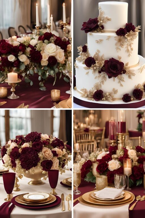 A photo collage of burgundy and champagne gold wedding color ideas.