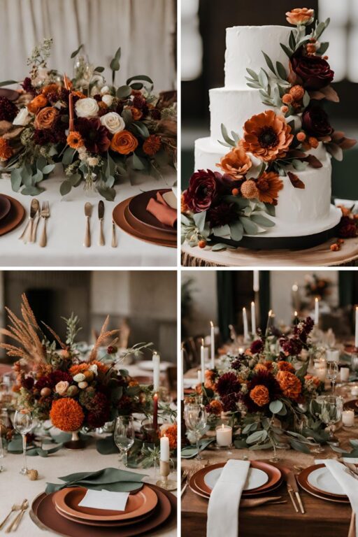 A photo collage of brown, beige, rust orange, dark sage green, and burgundy wedding color ideas.