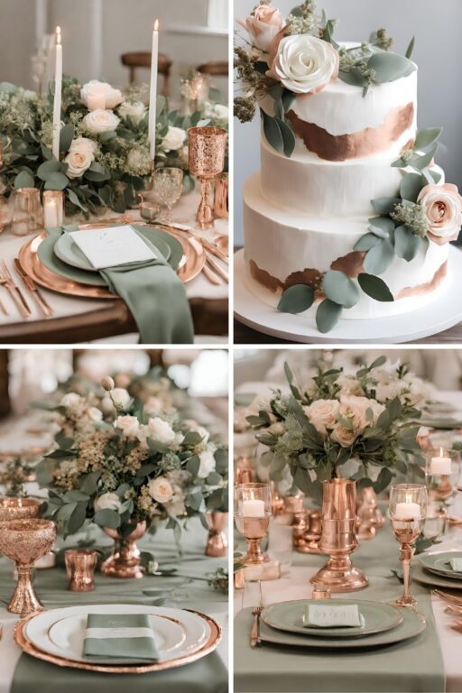 A photo collage of rose gold, sage green, and beige wedding color ideas.