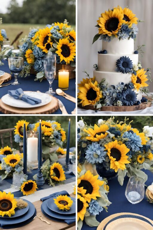 A photo collage of dusty blue, navy blue, and sunflower wedding color ideas.