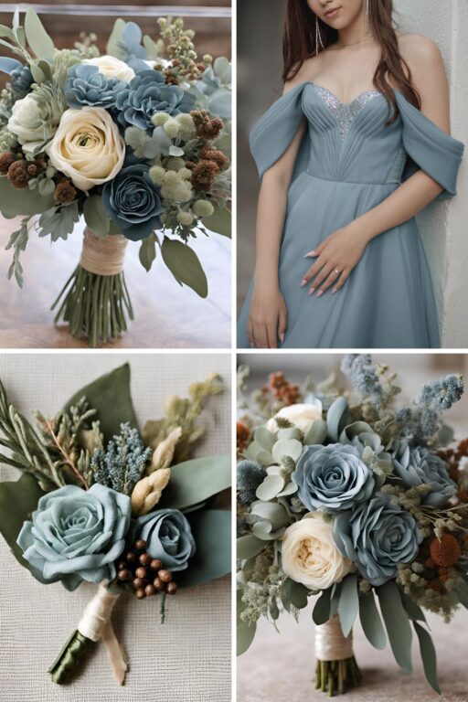 A photo collage of sage green and dusty blue fall themed wedding color ideas.