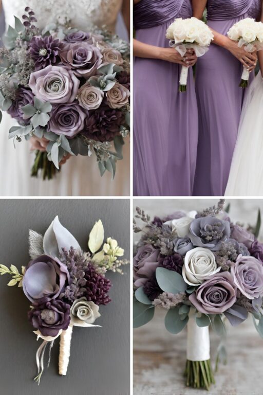 A photo collage of dusty purple and grey wedding color ideas.