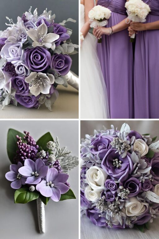 A photo collage of lilac and silver wedding color ideas.