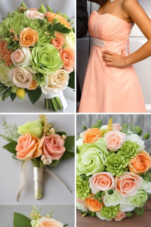 A photo collage of lime green, peach, old rose, and yellow wedding color ideas.