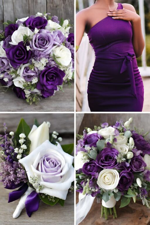 A photo collage of purple and white wedding color ideas.