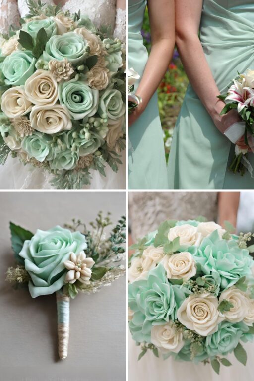 A photo collage of mint green and beige wedding color ideas.