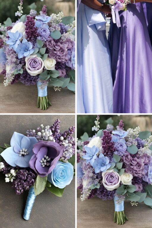 A photo collage of lilac, sky blue, and purple wedding color ideas.