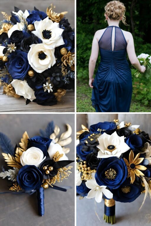 A photo collage of night blue, black, gold, and white wedding color ideas.